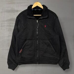 Vintage Polo Ralph Lauren Fleece Jacket Black Sherpa Collar Elbow Patches Medium